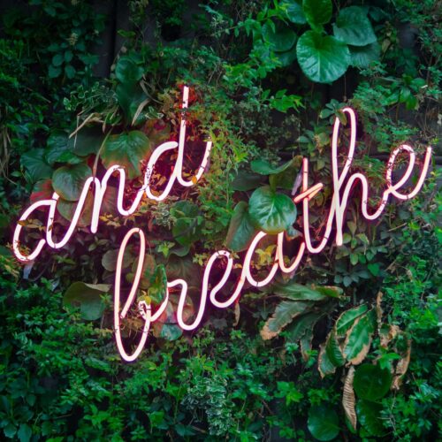 A neon sign that reads "and breathe". Representing how mindfulness can help your anxiety. Begin anxiety counseling in NYC today!